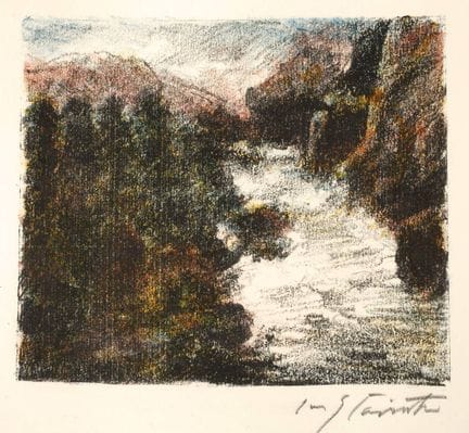 洛维斯·科林斯，《山涧》
流淌于岩石间的山涧，选自《瑞士风景》，作品目录穆勒795号，彩色石版画， 