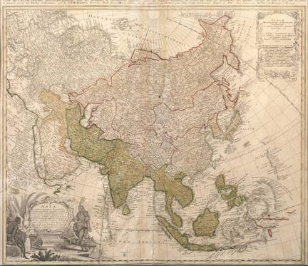 约翰-巴蒂斯特-霍曼，亚洲地图
由 Homanns Erben 出版，左下角有雕刻图案，标注为 "A