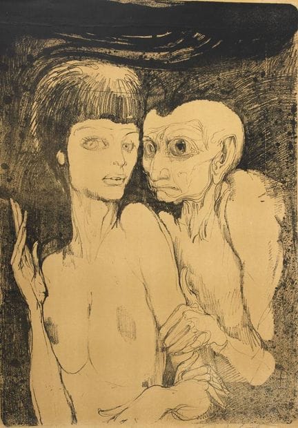 恩斯特·福克斯，《不协调的一对》
年轻裸体女子与紧抓她手臂的老人，石版画（采用陶土版）印于维林纸上，