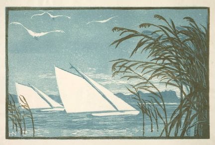汉斯·诺伊曼，《夏日》
从长满芦苇的岸边眺望湖面，湖上有帆船，天空中海鸥盘旋，日本纸彩木刻，20世纪