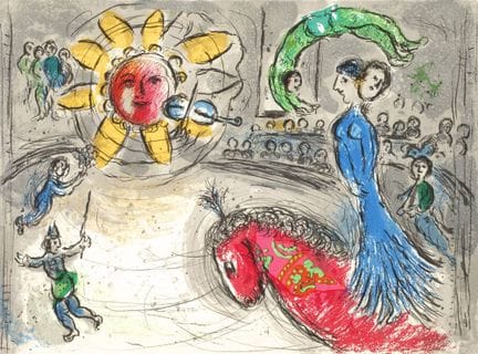 马克·夏加尔，《太阳与红马》
以马戏团为背景的充满想象力的构图，描绘了神话生物、杂技演员和马，背面附