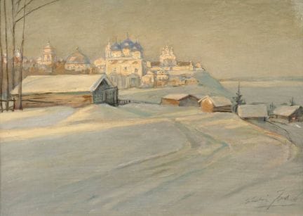 Paesaggio invernale russo con monastero 
Vista, ol