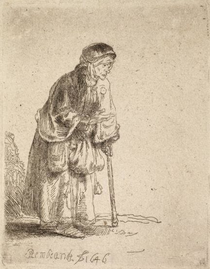 伦勃朗·范·莱因，《老乞丐》
一位拄着拐杖的老妇人，右手伸出乞讨施舍，参见巴尔奇 170，蚀刻版画，