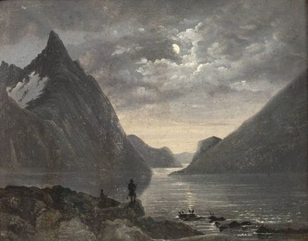 Paesaggio notturno del fiordo
al chiaro di luna, d