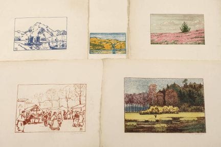 阿尔弗雷德·赫尔伯格，版画合集
五幅描绘风景及一幅集市场景的版画，石版画/彩色石版画，印于日本纸上，
