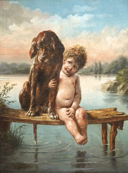 B. Oscar, Bambino con cane su un pontile 
Scena es