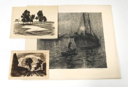 埃贡·冯·卡梅克，三幅纸上作品
水墨画《逆光中的乡间小路》、炭笔画《树群》和石版画《傍晚的港口》， 