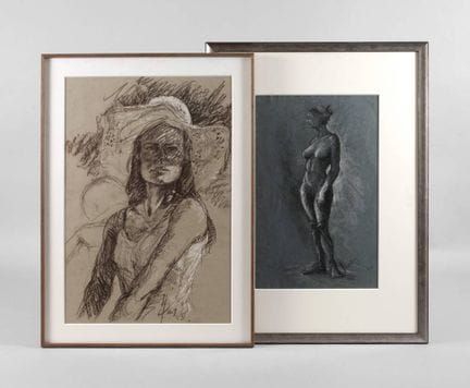 马蒂亚斯-舍内堡，一对绘画作品
戴遮阳帽、目光遥远的年轻女性和站立的女性裸体，粉彩粉笔画，部分白色加