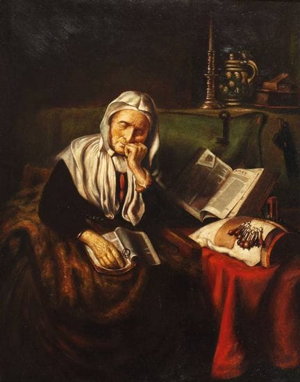 según Nicolaes Maes, «La encajera dormida»  
Retra