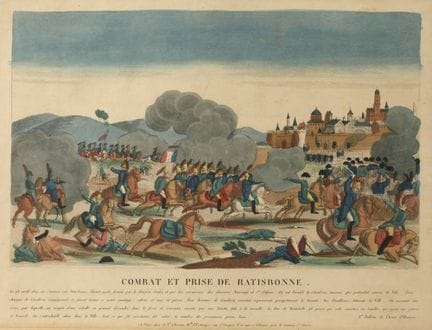 《雷根斯堡之战与攻占》
描绘了1809年在雷根斯堡城门外发生的一场战役，画面下方附有法语说明，彩色钢