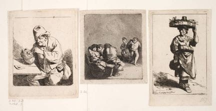 科内利斯·贝加，蚀刻版画合集
三幅，〈背着篮子的农妇〉，巴特施 18； 《点燃烟斗的农夫》，巴奇 2