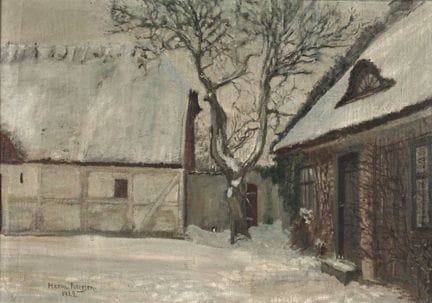赫尔姆·彼得森，《白雪覆盖的农舍》
左侧是一座老马厩，右侧是农舍， 其间有一棵积雪的树，前景是覆盖着