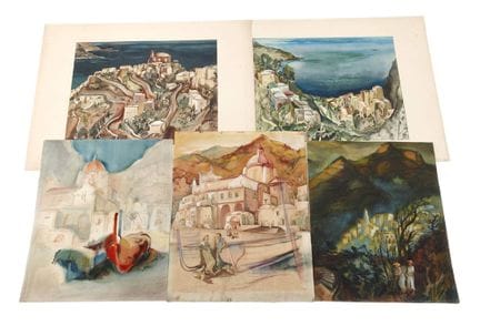 卡尔-博瑟，多幅风景水彩画
五幅描绘地中海风景和沿海地区的作品，大气的水彩画，部分色彩强烈，每幅作品