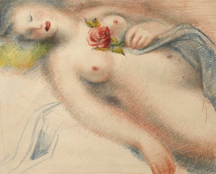 女性裸体画
手持玫瑰的静卧裸女，纸本彩色铅笔画，20世纪中叶，画框背面有现代未经考证的署名“玛丽·劳