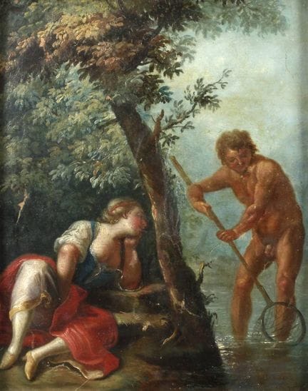 Narciso con aljaba en el agua, observado por Eco
R