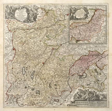马蒂亚斯·塞特（Matthäus Seutter），巴伐利亚铜版画地图
左上角为人物装饰框，此处标注