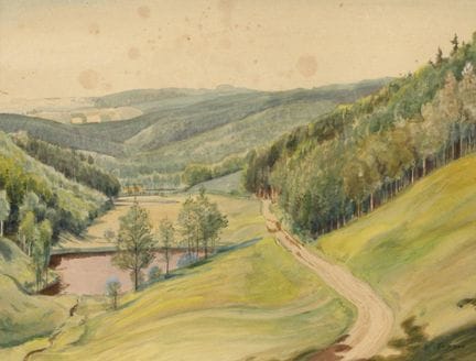 弗里德里希·赖曼，《泽伦罗达附近的风景》
从高处俯瞰广阔的山谷，谷中有一处被郁郁葱葱的草地环绕的池塘