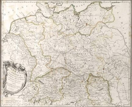 罗伯特·德·沃贡迪（Robert de Vaugondy）所绘德国铜版画地图
左下角带有当时典型的图
