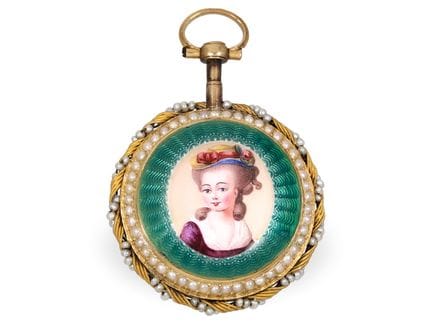 Taschenuhr: Gold/Emaille Spindeluhr mit außergewöh