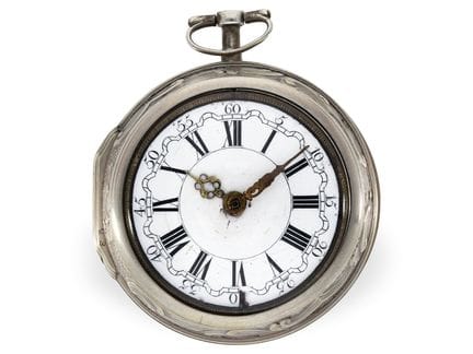 Taschenuhr: große Repoussé Spindeluhr mit signiert