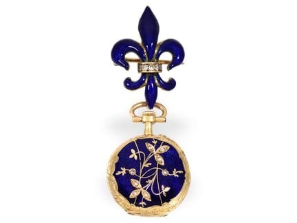 Anhängeuhr: Gold/Emaille Damenuhr mit Diamantbesat