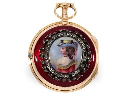 Taschenuhr: attraktive Gold/Emaillespindeluhr, Gor