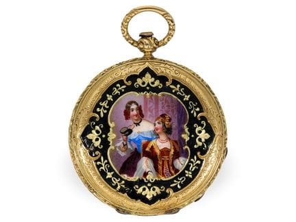 Taschenuhr: seltene Gold/emaille Lepine mit Lupenm