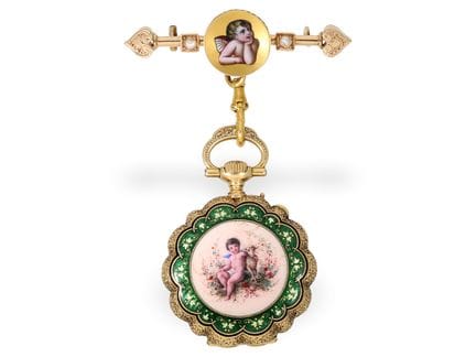 Anhängeuhr: hochfeine Gold/Emaille Damenuhr mit da