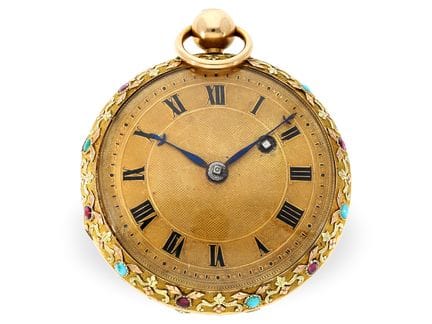 Taschenuhr: feine 18K Spindeluhr mit Edelsteinbesa