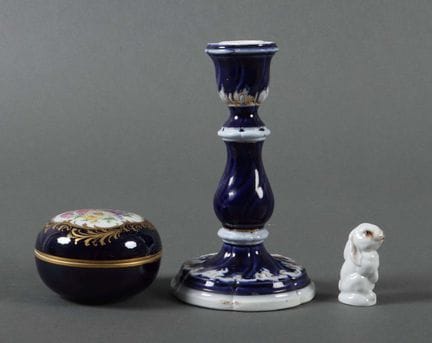 Candleholder, lidded jar, and rabbit, Meissen, 20t