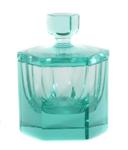 Moser lidded jar, Karlsbad, ca. 1920–25. Solid, gr