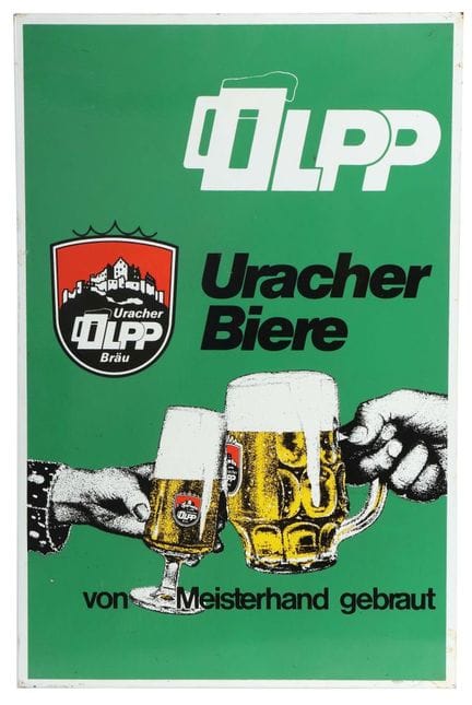 Urbacher Biere Olpp enamel sign, ca. 1970s, folded