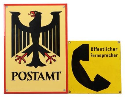 2 signs: 1 x enamel sign “Post Office,” ca. 1950s,