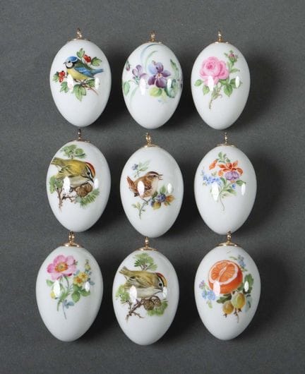 Nine Meissen Easter eggs, 20th century. Porcelain,