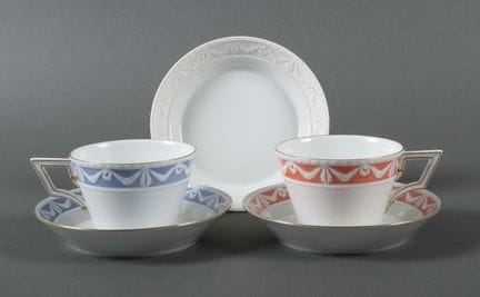 Two gourmet cups and three plates, “Kurland,” KPM,