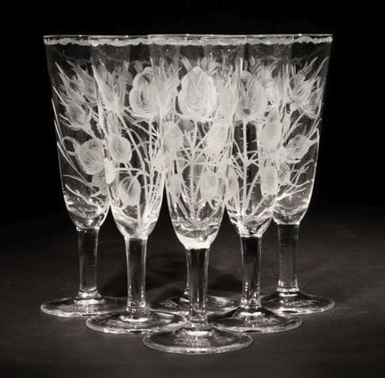 Six Moser champagne flutes, Karlsbad, circa 1925. 
