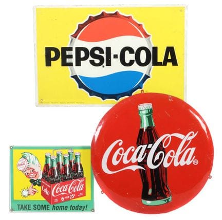3  Advertising signs, ca. 1970s–1990s, 2 x “Coca-C