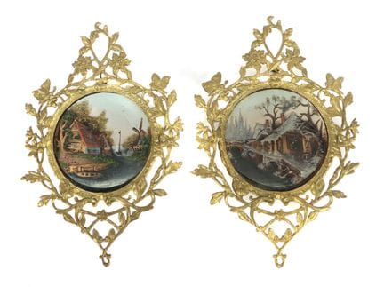 Pair of German ceramic plaques, ca. 1900. Light-co