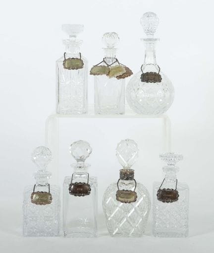Seven carafes, after 1900. Colorless, faceted glas