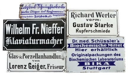 5 enamel signs from various companies, 1920s–1930s