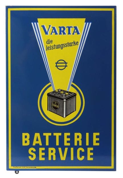 Varta Battery Service enamel sign, 1950s, beveled 