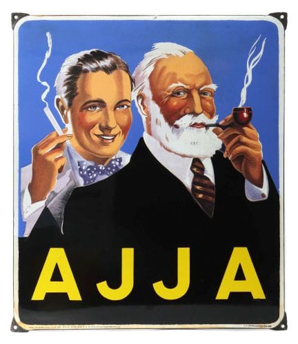 AJJA enamel sign, Belgium, 1950s, beveled edges wi
