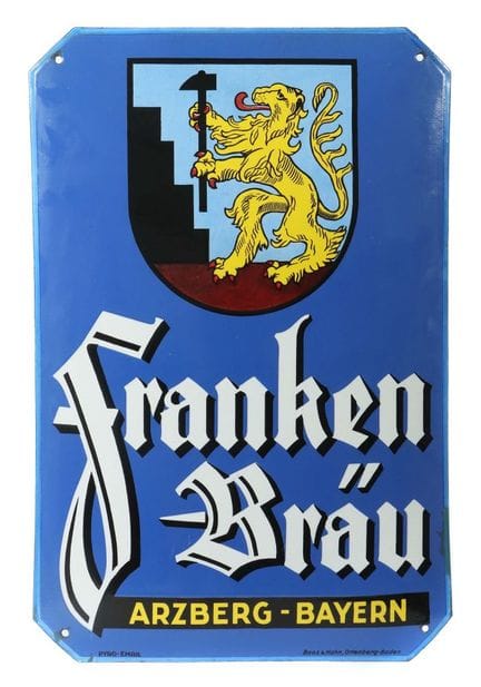 Franken Bräu Arzberg-Bavaria enamel sign, ca. 1930