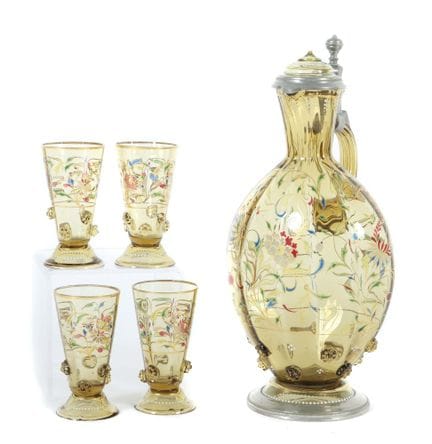 Liqueur carafe and four shot glasses, Bavarian For