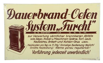 Enamel sign for a continuous-burning stove, 1930s,