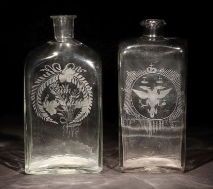 Pair of square-shaped Alpine-style bottles, 19th c