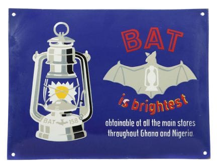 BAT is a bright enamel sign, 1950s, domed, stencil