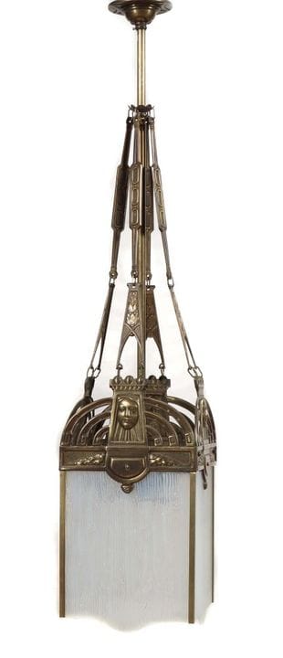 Jugendstil-Hängeleuchte mit Maskarons um 1910, Auf
