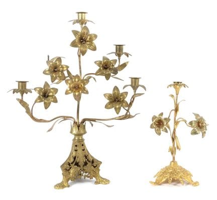 Two 19th-century harvest candlesticks, brass; 1 fi