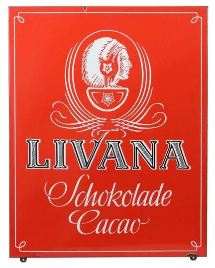 Livana Chocolate Cacao Enamel Sign, 1950s, raised 